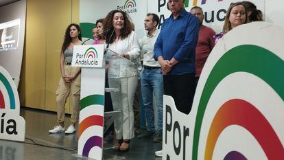Inmaculada Nieto, candidata de Por Andalucía a la Junta, durante su comparecencia tras conocer los resultados obtenidos por su formación.