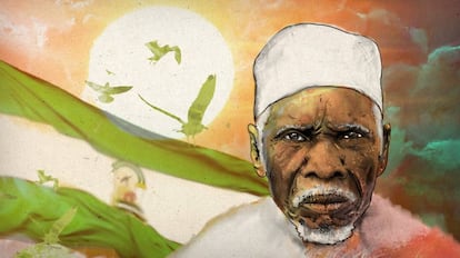 Ilustración de un hombre subsahariano frente a la bandera de Andalucía.