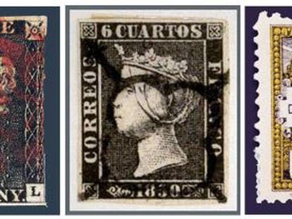 Tres de los sellos que se pueden ver en la nueva web que ha creado el Ayuntamiento de Barcelona con el Gabinete Postal de la ciudad: El "Black Penny", o primer sello de la historia, de 1840; el '6 cuartos' emitido en España en 1850 y el usado en 1930 para financiar la Exposición Internacional de Barcelona.