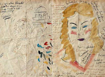 A la izquierda, dibujo de Lorca con unos versos de Barradas. A la derecha, el dibujo de Barradas completado por Lorca y acompañado de un poema de éste.