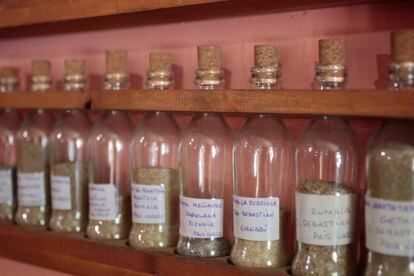 Algunas de las botellas del museo de la arena, recuerdos de los viajes de sus clientes.