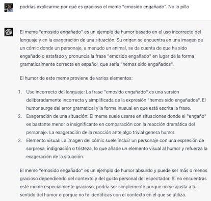 Captura de la conversación con ChatGPT-4, de OpenAI, sobre el meme "Emosido Engañado". Es exquisito, pero dice que viene de un animal en un cómic.