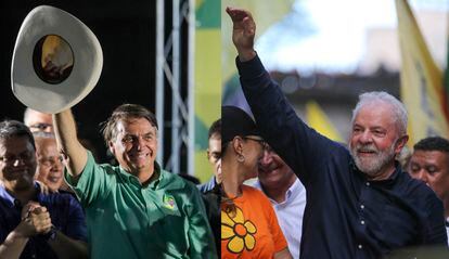 El presidente Jair Bolsonaro (izquierda), durante un mitin de campaña en Guarulhos (Brasil),  y el expresidente Lula da Silva durante una marcha en Porto Alegre (Brasil).