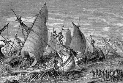 Batalla naval en el puerto de Siracusa (Sicilia), donde los espartanos derrotaron a los atenienses durante la segunda guerra del Peloponeso.