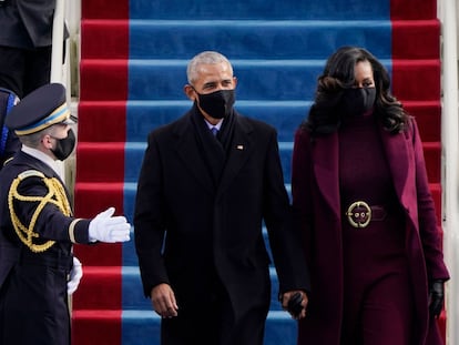 El ex presidente de Estados Unidos, Barack Obama, y ​​la ex primera dama de Estados Unidos, Michelle Obama, llegan para la toma de posesión de Joe Biden como presidente de Estados Unidos el pasado 20 de enero.