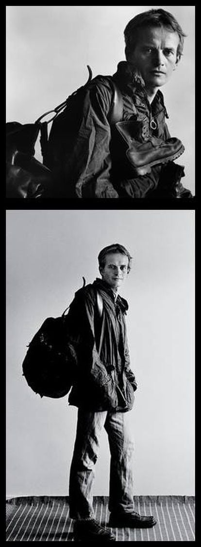 Two images of Chatwin with his backpack, from Lord Snowdon's series of photos.