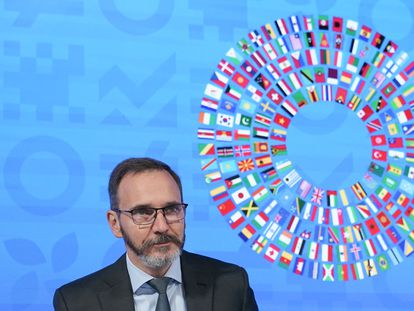 Pierre-Olivier Gourinchas, director de análisis del Fondo Monetario Internacional, el martes en Washington, en la presentación del informe 'Perspectivas de la Economía Mundial'.