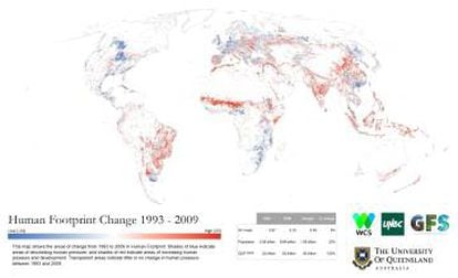 El mapa muestra la evoluci&oacute;n del impacto humano sobre la naturaleza desde 1993. En rojo, las regiones que han aumentado su huella.