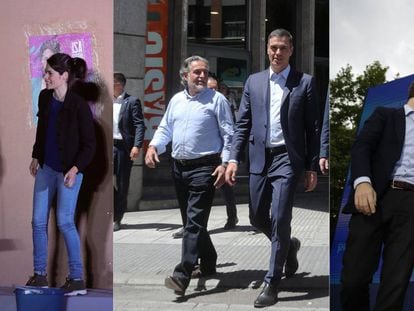 De izquierda a derecha, Pablo Iglesias e Isabel Serra, Pepu Hernández y Pedro Sánchez, Pablo Casado e Isabel Díaz Ayuso.En vídeo, el presidente del Gobierno junto al candidato a la alcaldía de Madrid.