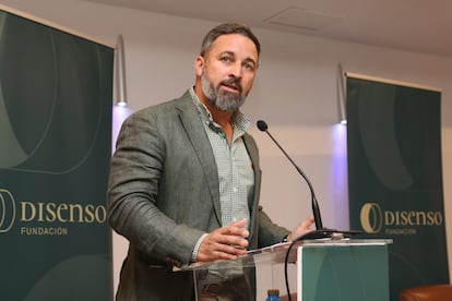 El presidente de Vox, Santiago Abascal, en un acto organizado por la fundación Disenso, el 16 de mayo en Almería.