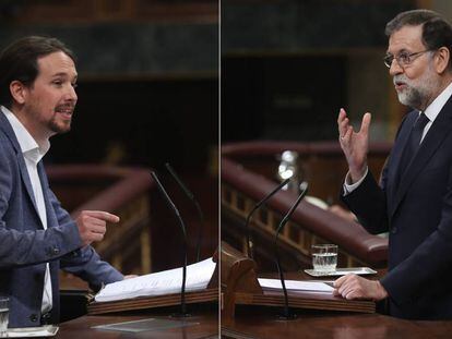 Pablo Iglesias y Mariano Rajoy, durante el debate de la moción de censura. <a href="http://elpais.com/elpais/2017/06/13/album/1497338623_096967.html">Ver más fotos del debate</a>