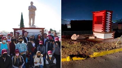 A la izquierda, la develación de la estatua de López Obrador en Atlacomulco, el pasado 29 de diciembre. A la derecha, la figura luego de ser derribada las primeras horas de este año.