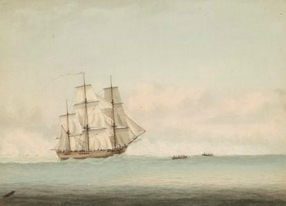 The 'Endeavour' in a painting by Samuel Atkins (1787-1808).