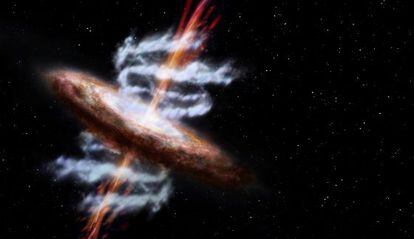 Ilustración de una galaxia activa con un agujero negro en su centro.