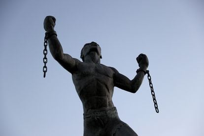 Detail of the Emancipation Statue in Bridgetown, the Barbadian capital, which commemorates the abolition of slavery on the island.