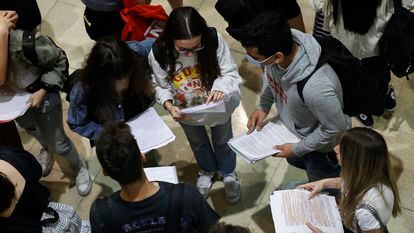 Un grupo de estudiantes repasan sus apuntes antes de entrar a un examen de Selectividad.