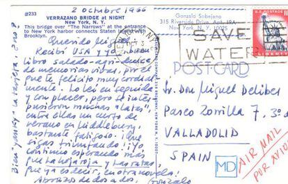 Postal de Sobejano a Delibes en 1966.