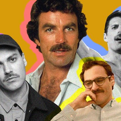 Alberto Jiménez, del grupo Miss Caffeina, Tom Selleck, Joaquin Phoenix (en 'Her'), Freddie Mercury y Zac Efron, grandes valedores del bigote en diferentes épocas.