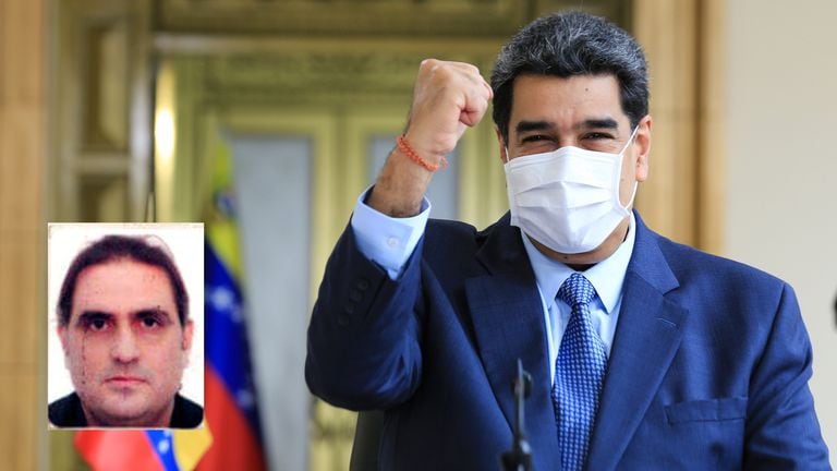 The VenezuelatooPresident, Nicolás Maduro,DPuring atooappearance.  Itoothe inset, businessmatooAlex Saab.