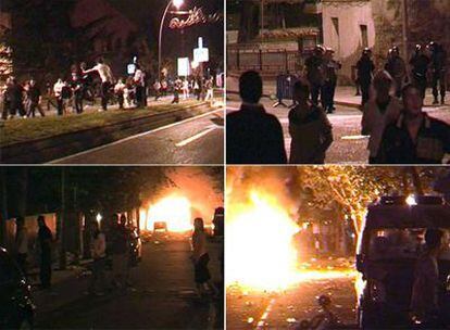 Varios momentos de los disturbios tras las fiestas de Pozuelo de Alarcón, en la madrugada del domingo.
