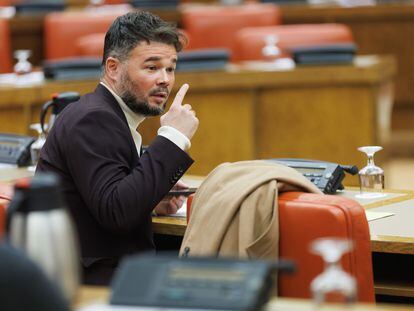 El portavoz de ERC, Gabriel Rufián, durante una reunión de la Junta de Portavoces, este martes en el Congreso.