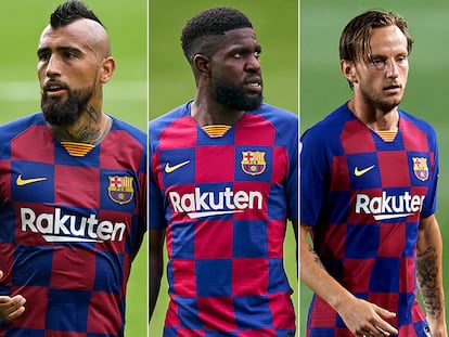 Desde la izquierda, Arturo Vidal, Umtiti, Rakitic y Luis Suárez, los primeros descartes de Koeman para la temporada que viene.