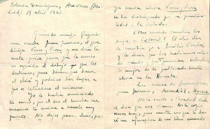 Carta de Vicente Aleixandre a Gregorio Prieto de abril de 1929.