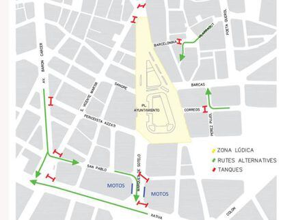 Plano del Ayuntamiento de Valencia con los cortes de tráfico previstos en el centro el 22 de septiembre.