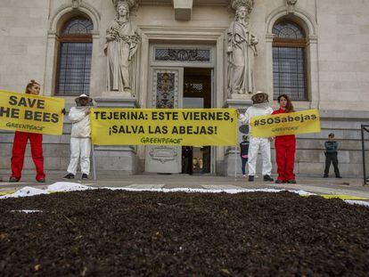 Activistes de Greenpeace tiren abelles mortes a la porta de Ministeri d'Agricultura, a Madrid.