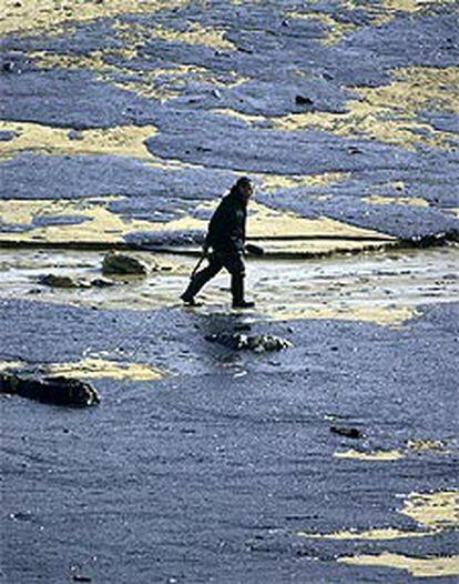 Una persona camina por una playa cubierta de petróleo en el cabo de Finisterre, adonde llegó anoche la marea negra.