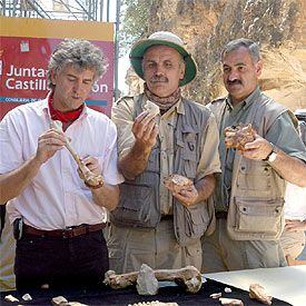 Juan Luis Arsuaga, Eudald Carbonell y José María Bermúdez de Castro presentan los fósiles descubiertos este año.