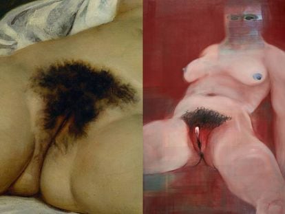 A la izquierda, 'El origen del mundo de Courbet (1866), la visión heteropariarcal. A la derecha, la versión feminista de Miriam Cahn, 'Mirar' (2018).