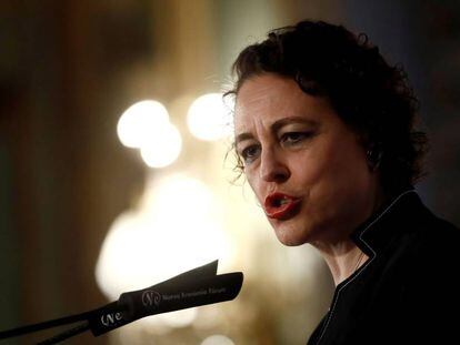 La ministra Magdalena Valerio, este jueves en un desayuno organizado por el Nueva Economía Fórum. 