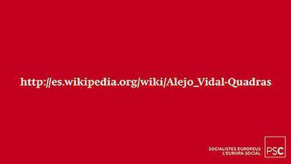 El cartel contiene una dirección de internet que enlaza a la ficha que Wikipedia tiene del candidato.