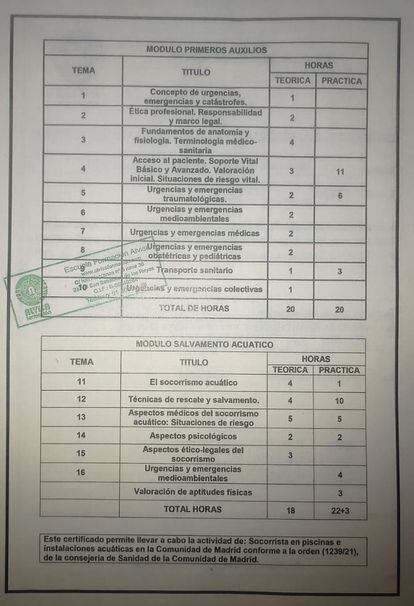 El falso diploma con el sello de una escuela oficial de socorrismo madrileña.