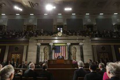 El presidente estadounidense, Barack Obama, pronuncia el discurso del Estado de la Unión, en el Capitolio en Washington DC (EE.UU.).
