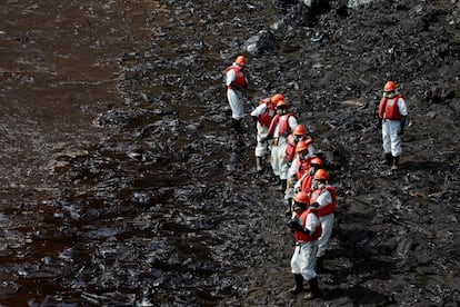 Workers carry out cleaning work on the beaches of Ventanilla (Peru) this Tuesday.