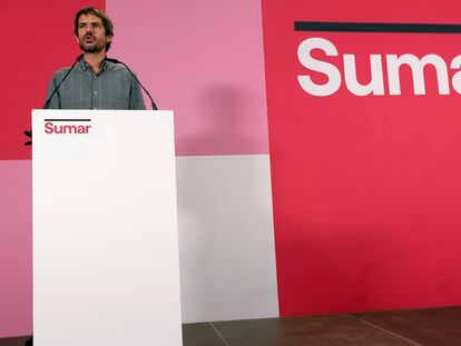El portavoz de Sumar, Ernest Urtasun, este lunes en rueda de prensa en Madrid.