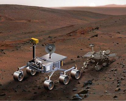 Comparación de tamaño del futuro todoterreno 'Curiosity', izquierda, y uno de los de la misión actual Spirit-Opportunity