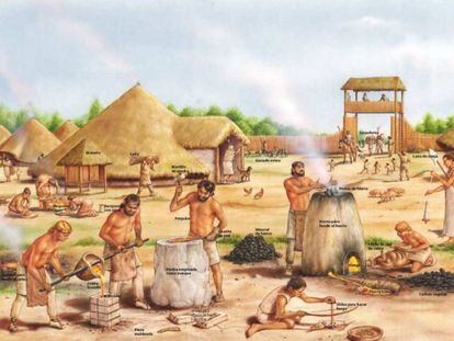 Escena que ilustra un poblado metalúrgico, en un libro de texto de Anaya.