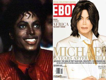 A la izquierda, Jackson en su vídeo musical <i>Thriller,</i> hace 25 años. A la derecha, portada actual de la revista <i>Ebony.</i>