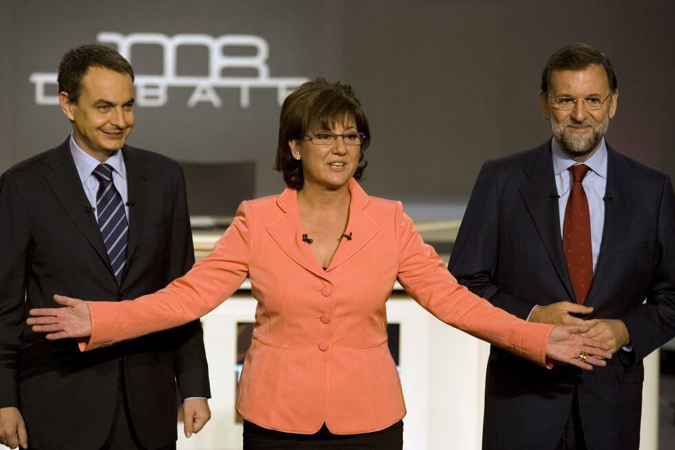 José Luis Rodríguez Zapatero, Olga Viza y Mariano Rajoy, en uno de los debates electorales de 2008.