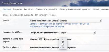 Aumenta el tiempo de cancelación de un correo en Gmail.