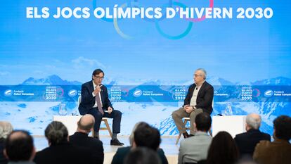 Salvador Illa (PSC) y Alejandro Blanco (COE) en una jornada sobre los Juegos Olímpicos de Invierno de 2030.