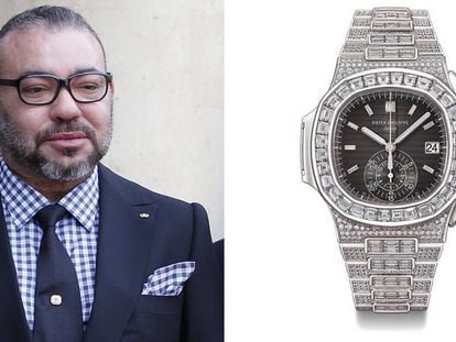 El rey Mohamed VI en viaje oficial a París, Francia, el 10 de abril de 2018. A la derecha, el nuevo reloj Patek Philippe del monarca.