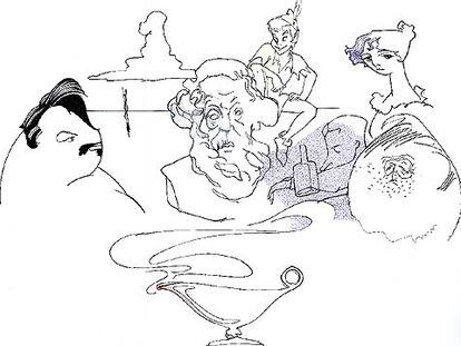 De izquierda a derecha: Balzac, don Quijote, Homero, Peter Pan, Scott Fitzgerald, Jane Austen y Ernest Hemingway.