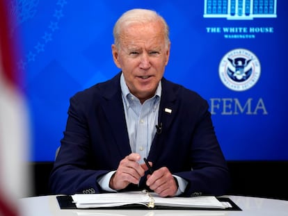 El presidente Joe Biden, este sábado, en una reunión informativa sobre el huracán Ida, que se acerca a Estados Unidos.