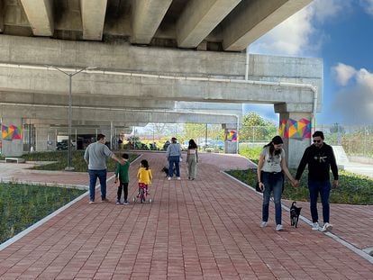 Algunas personas pasean por la zona con planteles del Parque Urbano El Dique, bajo la Autopista Siervo de la Nación (México).