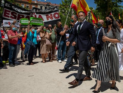 Santiago Abascal, líder de Vox, en una concentración el 24 de junio en Madrid contra los indultos a los presos catalanes independentistas.