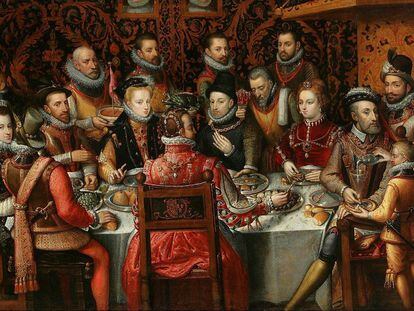 El rey Felipe II de España, en un banquete real con su familia y corte. En el cuadro, de Alfonso Sánchez Coello, también aparecen Alberto de Austria, Ana de Austria, Isabel de Portugal, Carlos I e Isabel de Valois.